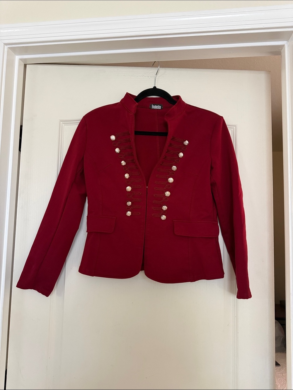 Red Military-Style Blazer with Decorative Buttons
